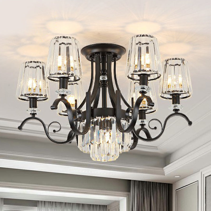 Crystal Conical Semi Flush Mount Lighting Vintage Living Room Ceiling Fixture in Black Clearhalo 'Ceiling Lights' 'Close To Ceiling Lights' 'Close to ceiling' 'Semi-flushmount' Lighting' 2389705