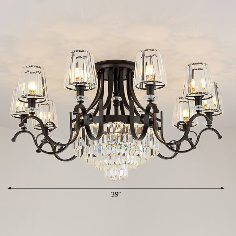 Crystal Conical Semi Flush Mount Lighting Vintage Living Room Ceiling Fixture in Black 13 Black Clearhalo 'Ceiling Lights' 'Close To Ceiling Lights' 'Close to ceiling' 'Semi-flushmount' Lighting' 2389707
