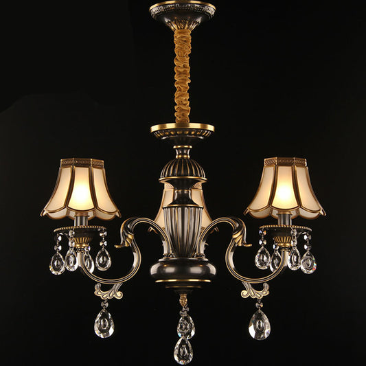 Black and Brass Scalloped Pendant Light Traditional Opaque Glass Dining Room Chandelier with Crystal Deco 3 Black Clearhalo 'Ceiling Lights' 'Chandeliers' 'Modern Chandeliers' 'Modern' Lighting' 2389709