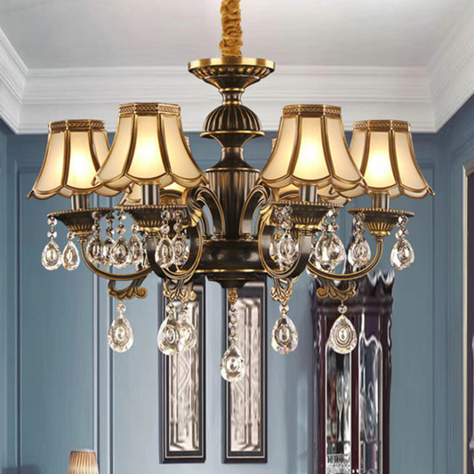 Black and Brass Scalloped Pendant Light Traditional Opaque Glass Dining Room Chandelier with Crystal Deco Clearhalo 'Ceiling Lights' 'Chandeliers' 'Modern Chandeliers' 'Modern' Lighting' 2389711