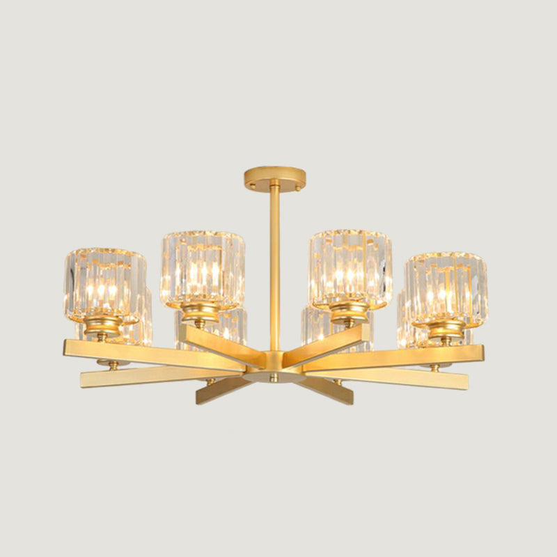 Cylindrical Crystal Ceiling Hang Lamp Minimalistic Chandelier Lighting for Living Room 8 Gold Clearhalo 'Ceiling Lights' 'Chandeliers' 'Modern Chandeliers' 'Modern' Lighting' 2389734