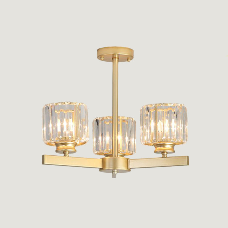 Cylindrical Crystal Ceiling Hang Lamp Minimalistic Chandelier Lighting for Living Room 3 Gold Clearhalo 'Ceiling Lights' 'Chandeliers' 'Modern Chandeliers' 'Modern' Lighting' 2389736