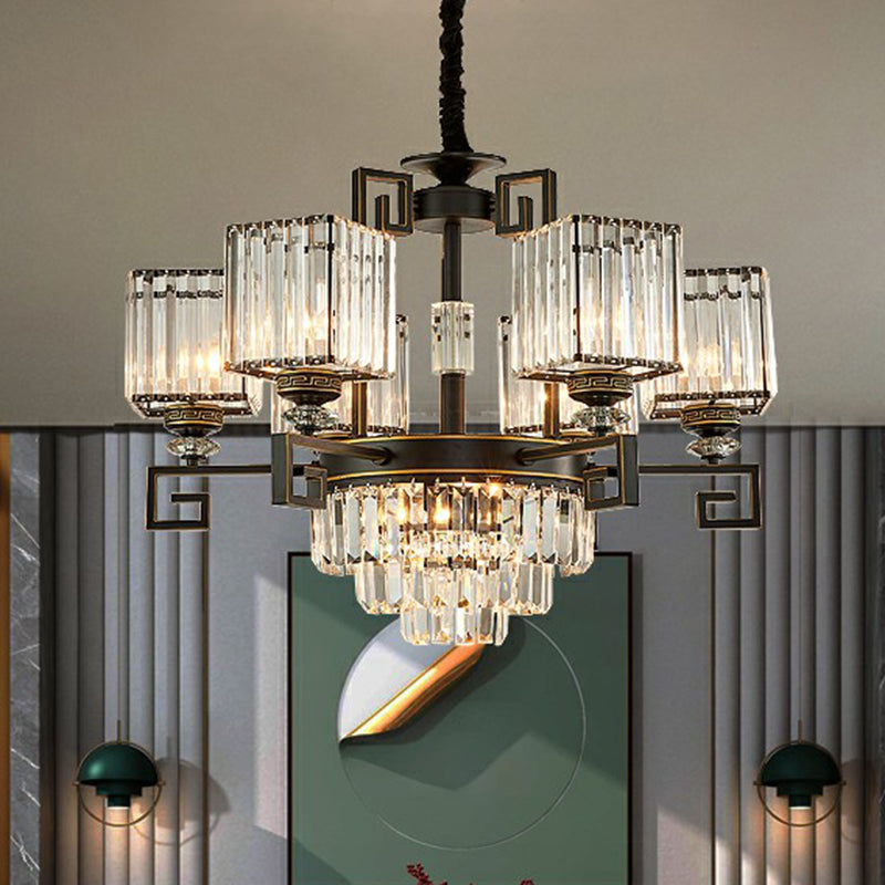 Vintage Square Chandelier Light Prismatic Crystal Ceiling Suspension Lamp in Black Clearhalo 'Ceiling Lights' 'Chandeliers' 'Modern Chandeliers' 'Modern' Lighting' 2389737