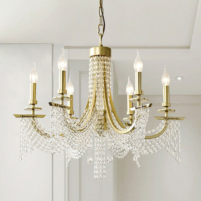 Baroque Candle Chandelier 6-Bulb Metal Suspension Lighting with Crystal Chain in Gold Gold Clearhalo 'Ceiling Lights' 'Chandeliers' 'Modern Chandeliers' 'Modern' Lighting' 2389752