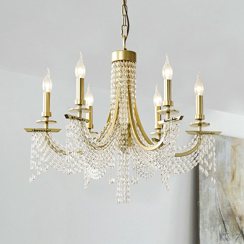 Baroque Candle Chandelier 6-Bulb Metal Suspension Lighting with Crystal Chain in Gold Clearhalo 'Ceiling Lights' 'Chandeliers' 'Modern Chandeliers' 'Modern' Lighting' 2389753