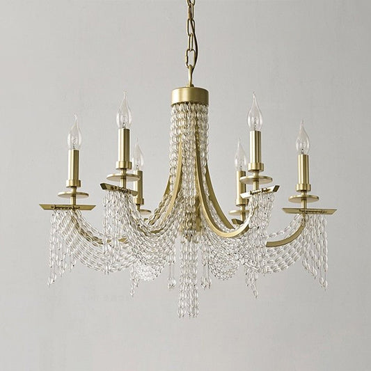 Baroque Candle Chandelier 6-Bulb Metal Suspension Lighting with Crystal Chain in Gold Clearhalo 'Ceiling Lights' 'Chandeliers' 'Modern Chandeliers' 'Modern' Lighting' 2389755