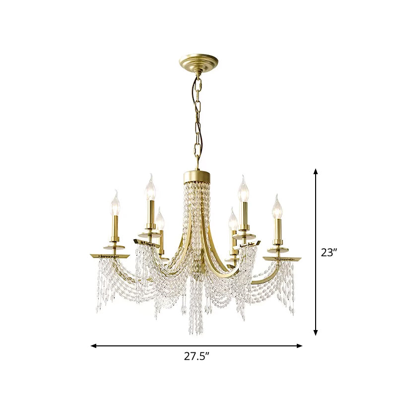 Baroque Candle Chandelier 6-Bulb Metal Suspension Lighting with Crystal Chain in Gold Clearhalo 'Ceiling Lights' 'Chandeliers' 'Modern Chandeliers' 'Modern' Lighting' 2389756