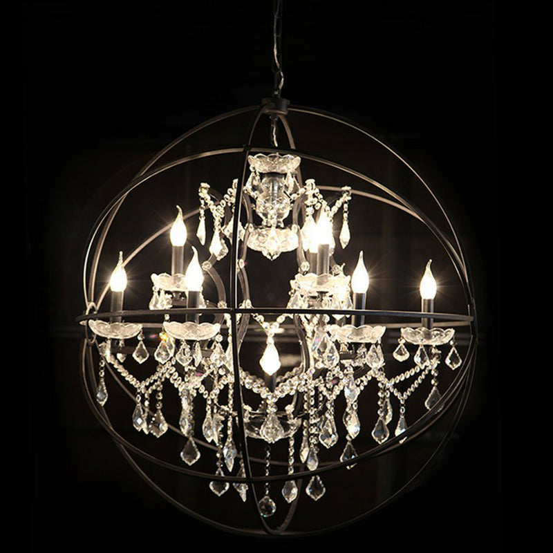 Black Spherical Chandelier Lamp Rustic Metal Black Hanging Light with Crystal Decorations 10 Black Clearhalo 'Ceiling Lights' 'Chandeliers' 'Modern Chandeliers' 'Modern' Lighting' 2389757