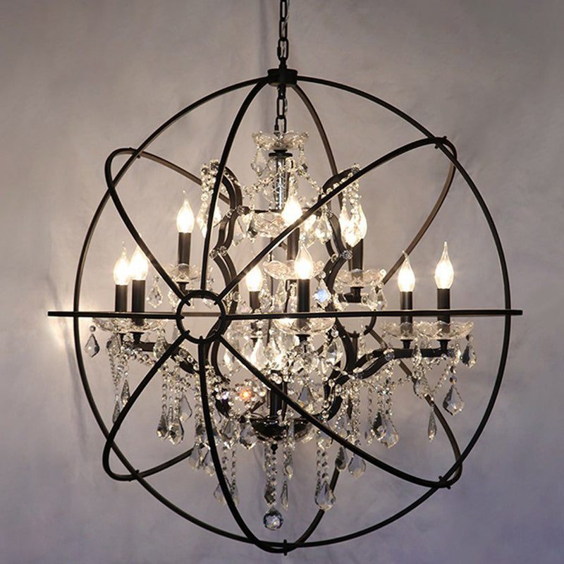 Black Spherical Chandelier Lamp Rustic Metal Black Hanging Light with Crystal Decorations Clearhalo 'Ceiling Lights' 'Chandeliers' 'Modern Chandeliers' 'Modern' Lighting' 2389758
