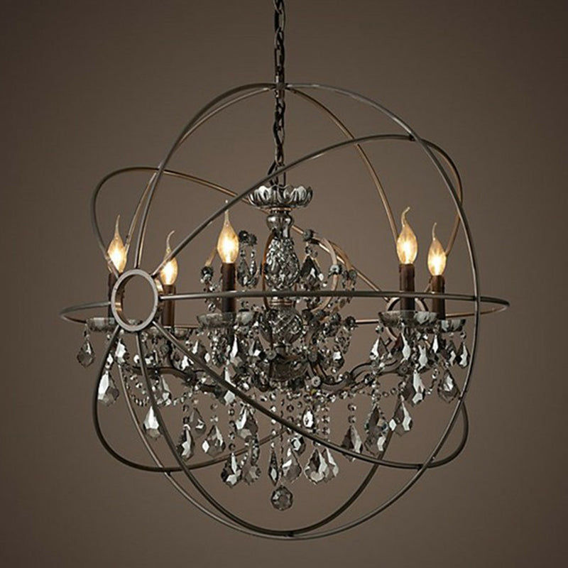 Black Spherical Chandelier Lamp Rustic Metal Black Hanging Light with Crystal Decorations 6 Black Clearhalo 'Ceiling Lights' 'Chandeliers' 'Modern Chandeliers' 'Modern' Lighting' 2389759