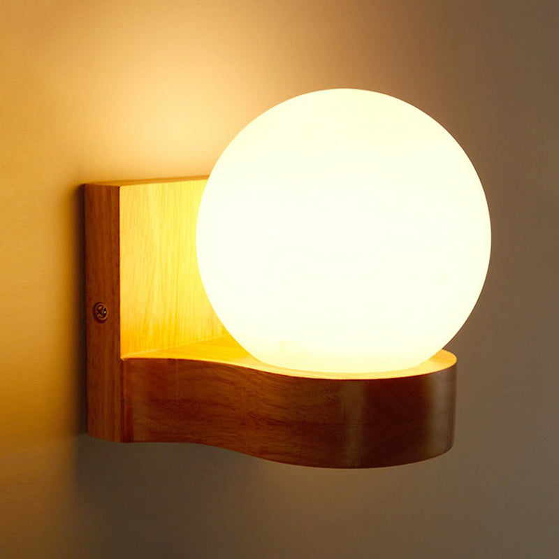 Ball Shaped Foyer Wall Sconce Opal Glass 1-Light Nordic Wall Light Fixture in Wood Clearhalo 'Modern wall lights' 'Modern' 'Wall Lamps & Sconces' 'Wall Lights' Lighting' 2389781