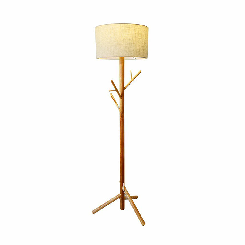 Flaxen Drum Stand Up Lamp Minimalist 1-Light Fabric Floor Light with Wooden Tripod and Coat Rack Flaxen Clearhalo 'Floor Lamps' 'Lamps' Lighting' 2389790