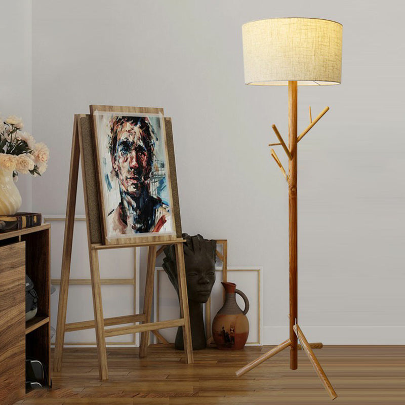 Flaxen Drum Stand Up Lamp Minimalist 1-Light Fabric Floor Light with Wooden Tripod and Coat Rack Clearhalo 'Floor Lamps' 'Lamps' Lighting' 2389791