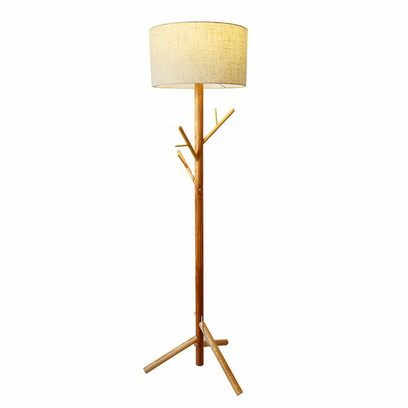 Flaxen Drum Stand Up Lamp Minimalist 1-Light Fabric Floor Light with Wooden Tripod and Coat Rack Clearhalo 'Floor Lamps' 'Lamps' Lighting' 2389794