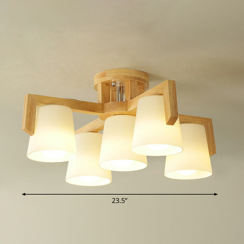 Conic Living Room Semi Flush Ceiling Light Frosted Glass Modern Flush Mount Light in Wood 5 Wood Clearhalo 'Ceiling Lights' 'Close To Ceiling Lights' 'Close to ceiling' 'Semi-flushmount' Lighting' 2389825