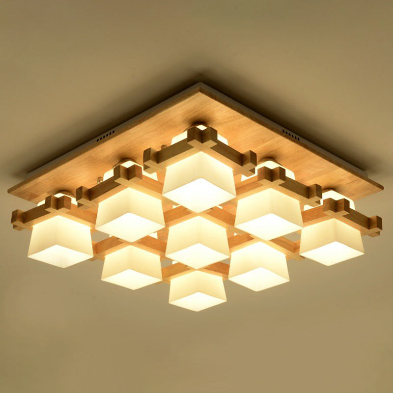 Checkered Close to Ceiling Light Nordic Milk Glass Wood Semi Flush Mount Fixture for Dining Room Clearhalo 'Ceiling Lights' 'Close To Ceiling Lights' 'Close to ceiling' 'Semi-flushmount' Lighting' 2389836
