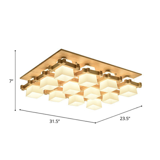 Checkered Close to Ceiling Light Nordic Milk Glass Wood Semi Flush Mount Fixture for Dining Room 12 Wood Clearhalo 'Ceiling Lights' 'Close To Ceiling Lights' 'Close to ceiling' 'Semi-flushmount' Lighting' 2389837