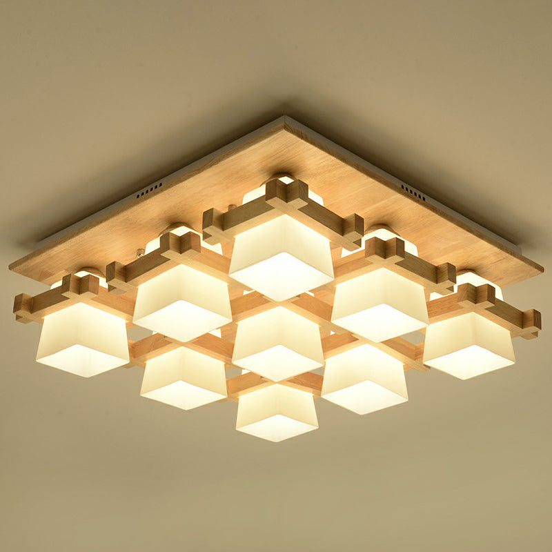 Checkered Close to Ceiling Light Nordic Milk Glass Wood Semi Flush Mount Fixture for Dining Room Clearhalo 'Ceiling Lights' 'Close To Ceiling Lights' 'Close to ceiling' 'Semi-flushmount' Lighting' 2389839
