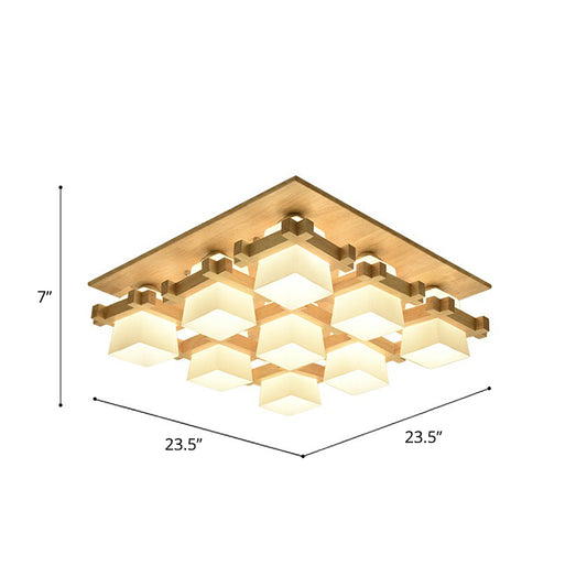 Checkered Close to Ceiling Light Nordic Milk Glass Wood Semi Flush Mount Fixture for Dining Room 9 Wood Clearhalo 'Ceiling Lights' 'Close To Ceiling Lights' 'Close to ceiling' 'Semi-flushmount' Lighting' 2389840