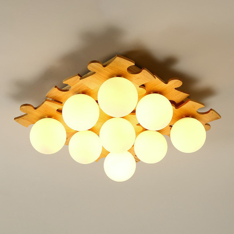White Glass Ball Semi Flush Light Modern Wood Ceiling Mounted Light with Puzzle Design 9 Wood Clearhalo 'Ceiling Lights' 'Close To Ceiling Lights' 'Close to ceiling' Lighting' 2389855