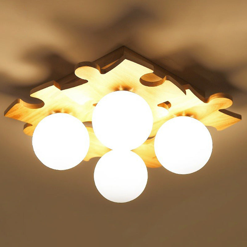 White Glass Ball Semi Flush Light Modern Wood Ceiling Mounted Light with Puzzle Design 4 Wood Clearhalo 'Ceiling Lights' 'Close To Ceiling Lights' 'Close to ceiling' Lighting' 2389856