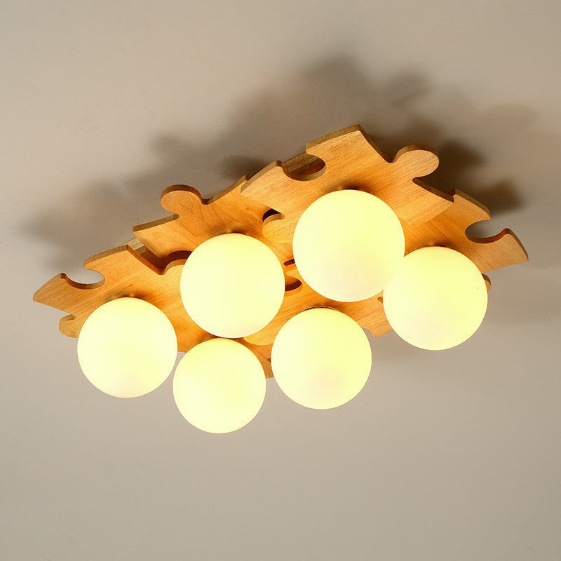 White Glass Ball Semi Flush Light Modern Wood Ceiling Mounted Light with Puzzle Design 6 Wood Clearhalo 'Ceiling Lights' 'Close To Ceiling Lights' 'Close to ceiling' Lighting' 2389857