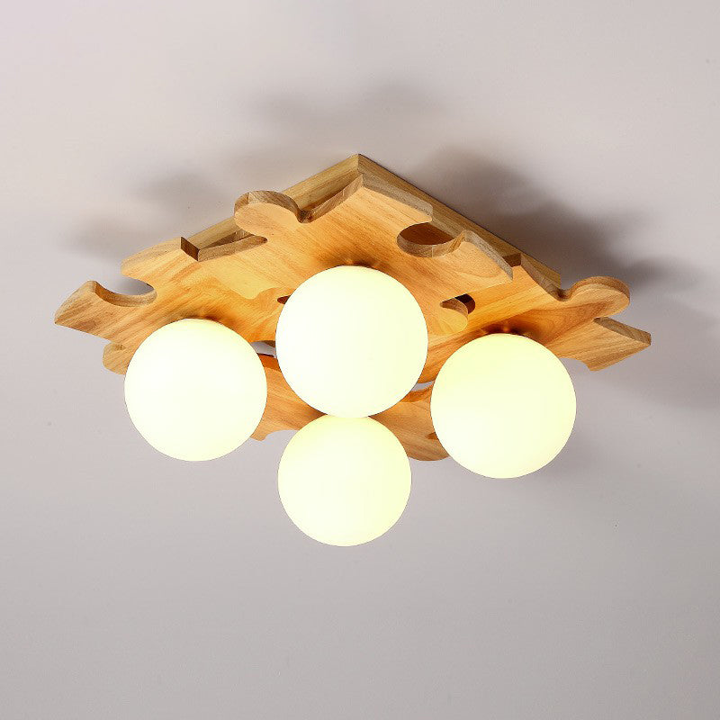 White Glass Ball Semi Flush Light Modern Wood Ceiling Mounted Light with Puzzle Design Clearhalo 'Ceiling Lights' 'Close To Ceiling Lights' 'Close to ceiling' Lighting' 2389858