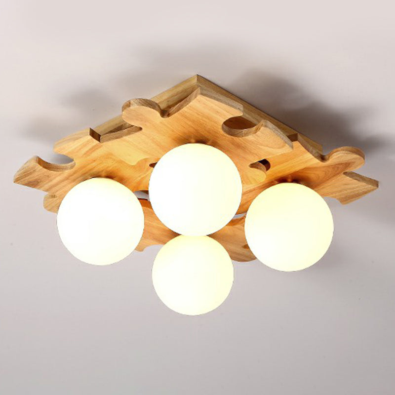 White Glass Ball Semi Flush Light Modern Wood Ceiling Mounted Light with Puzzle Design Clearhalo 'Ceiling Lights' 'Close To Ceiling Lights' 'Close to ceiling' Lighting' 2389859