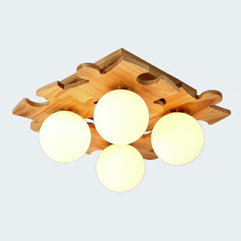 White Glass Ball Semi Flush Light Modern Wood Ceiling Mounted Light with Puzzle Design Clearhalo 'Ceiling Lights' 'Close To Ceiling Lights' 'Close to ceiling' Lighting' 2389860