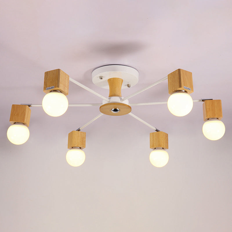 Wooden Cube Semi Mount Lighting Nordic White and Beige Ceiling Flush Light with Open Bulb Design Clearhalo 'Ceiling Lights' 'Close To Ceiling Lights' 'Close to ceiling' 'Semi-flushmount' Lighting' 2389871