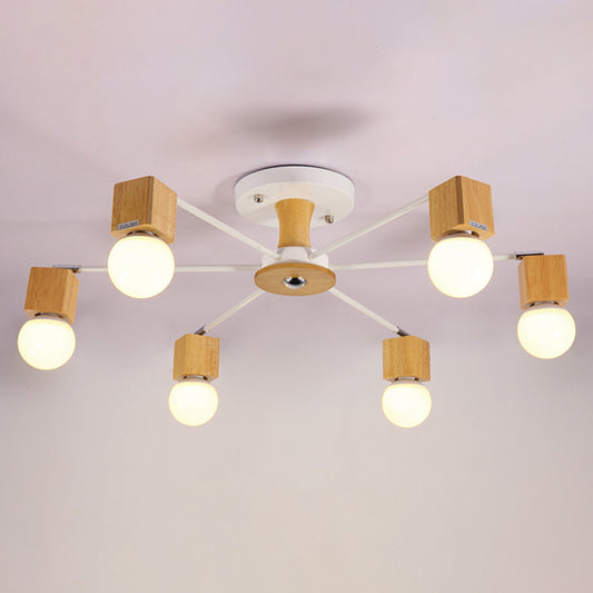 Wooden Cube Semi Mount Lighting Nordic White and Beige Ceiling Flush Light with Open Bulb Design Clearhalo 'Ceiling Lights' 'Close To Ceiling Lights' 'Close to ceiling' 'Semi-flushmount' Lighting' 2389871
