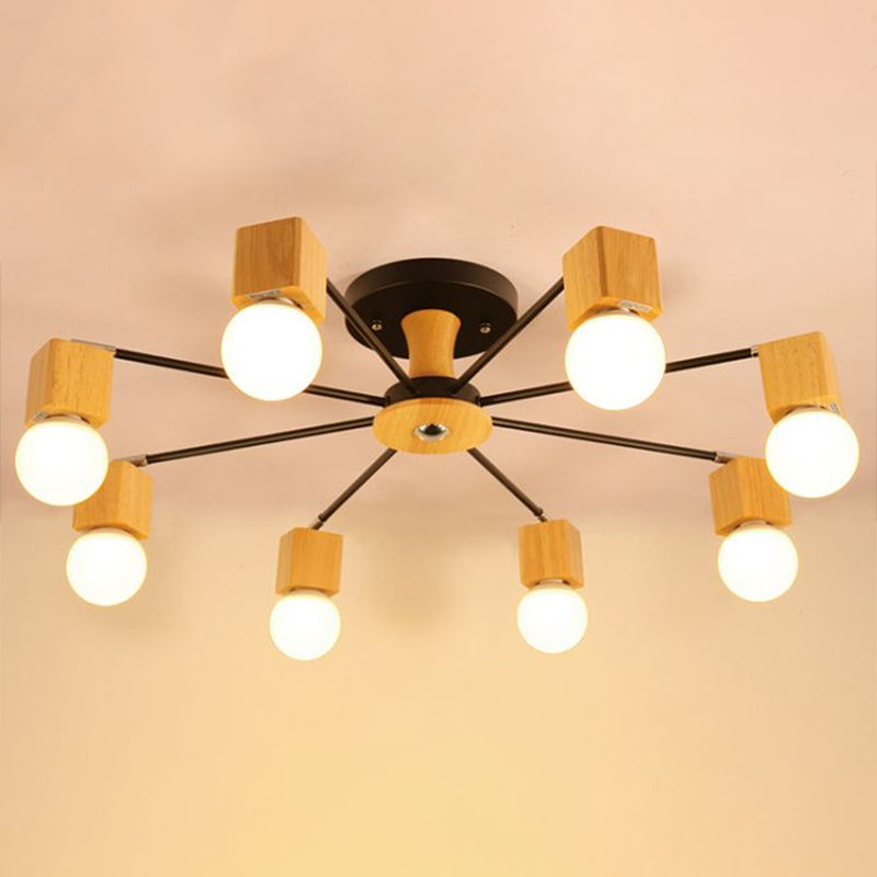 Wooden Cube Semi Mount Lighting Nordic White and Beige Ceiling Flush Light with Open Bulb Design 8 White Clearhalo 'Ceiling Lights' 'Close To Ceiling Lights' 'Close to ceiling' 'Semi-flushmount' Lighting' 2389872