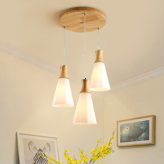 Conical Multi Lamp Ceiling Light Nordic Opal Frosted Glass 3-Bulb Dining Room Pendant in Wood Wood Round Clearhalo 'Ceiling Lights' 'Modern Pendants' 'Modern' 'Pendant Lights' 'Pendants' Lighting' 2389888