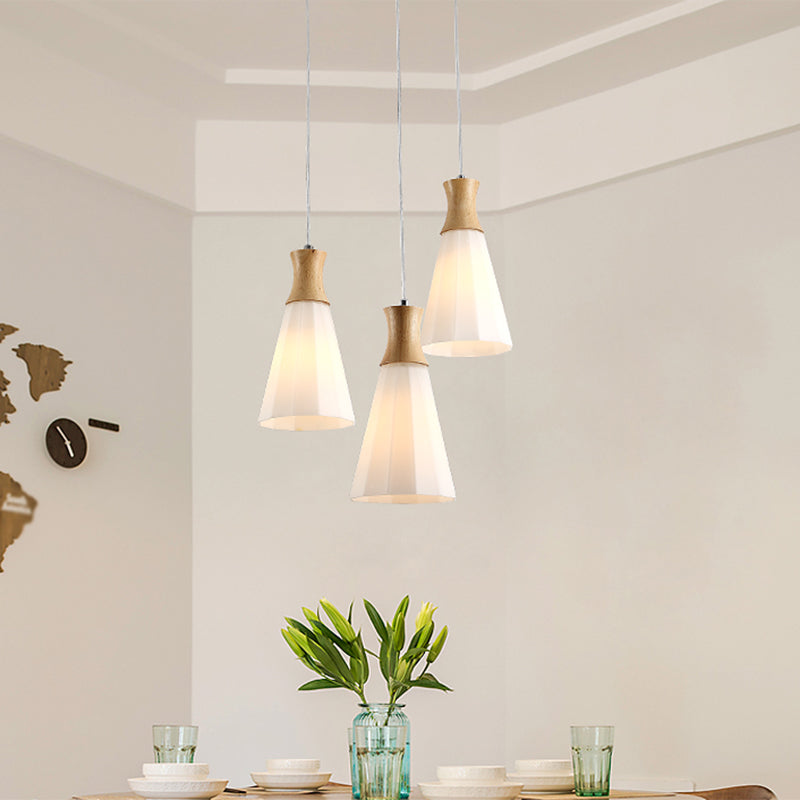 Conical Multi Lamp Ceiling Light Nordic Opal Frosted Glass 3-Bulb Dining Room Pendant in Wood Clearhalo 'Ceiling Lights' 'Modern Pendants' 'Modern' 'Pendant Lights' 'Pendants' Lighting' 2389890