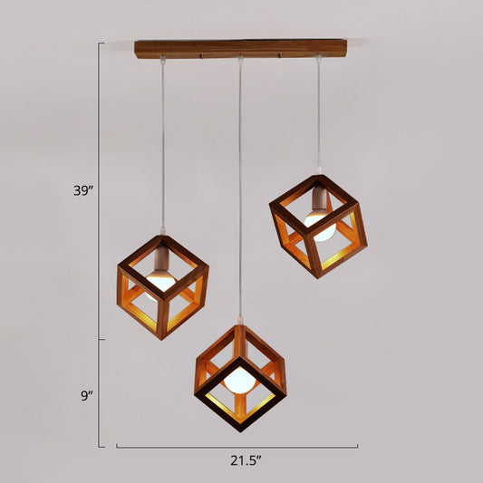 Wood Cube Cluster Pendant Light Contemporary 3-Head Suspension Light for Dining Room Brown Clearhalo 'Ceiling Lights' 'Modern Pendants' 'Modern' 'Pendant Lights' 'Pendants' Lighting' 2389894