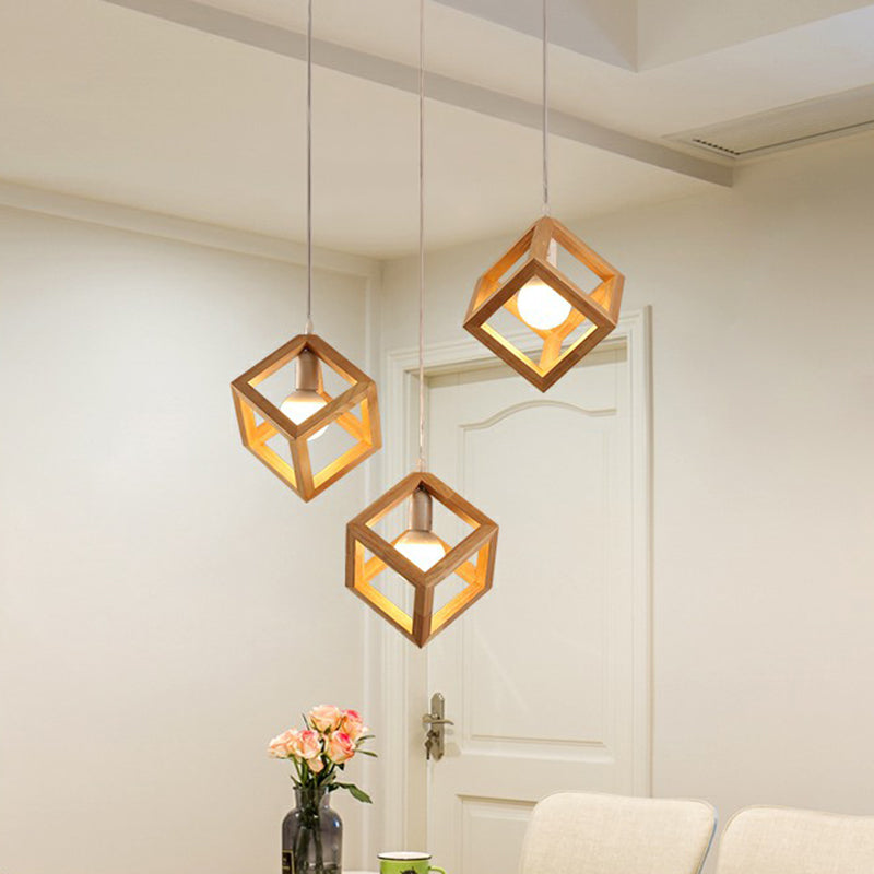 Wood Cube Cluster Pendant Light Contemporary 3-Head Suspension Light for Dining Room Clearhalo 'Ceiling Lights' 'Modern Pendants' 'Modern' 'Pendant Lights' 'Pendants' Lighting' 2389896