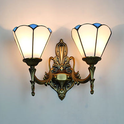 Stained Glass Cone Wall Sconce Light 2 Lights Vintage Loft Wall Mount Light in White/Blue for Bedroom White Clearhalo 'Industrial' 'Middle century wall lights' 'Tiffany wall lights' 'Tiffany' 'Wall Lamps & Sconces' 'Wall Lights' Lighting' 23898