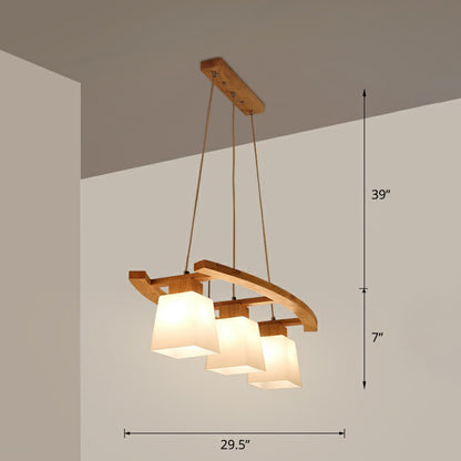 3 Lights Dining Room Ceiling Light Nordic Wood Island Pendant with Trapezoid White Glass Shade Wood Clearhalo 'Ceiling Lights' 'Island Lights' Lighting' 2389900