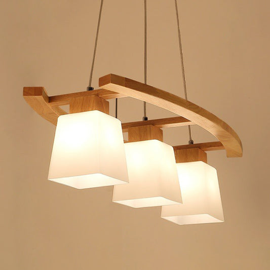 3 Lights Dining Room Ceiling Light Nordic Wood Island Pendant with Trapezoid White Glass Shade Clearhalo 'Ceiling Lights' 'Island Lights' Lighting' 2389901