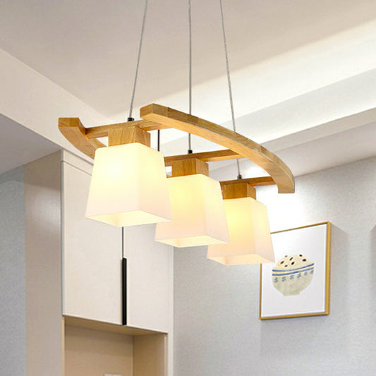 3 Lights Dining Room Ceiling Light Nordic Wood Island Pendant with Trapezoid White Glass Shade Clearhalo 'Ceiling Lights' 'Island Lights' Lighting' 2389902