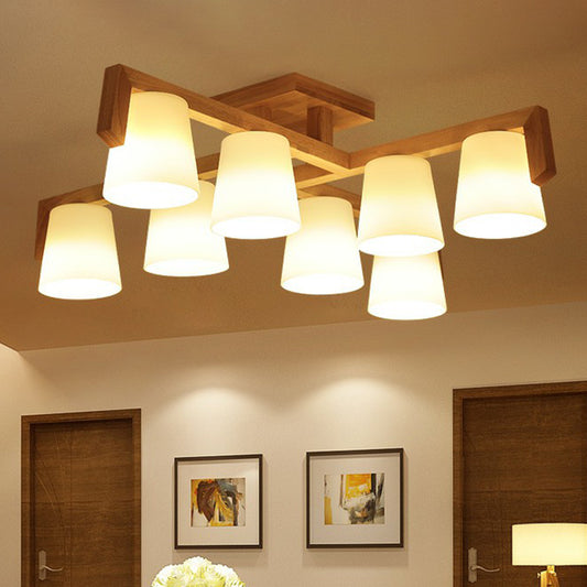 Ivory Glass Conical Ceiling Suspension Lamp Minimalist Wood Chandelier for Bedroom 8 Wood Clearhalo 'Carpenter Chandeliers' 'Ceiling Lights' 'Chandeliers' 'Industrial' 'Modern Chandeliers' 'Modern' Lighting' 2389905
