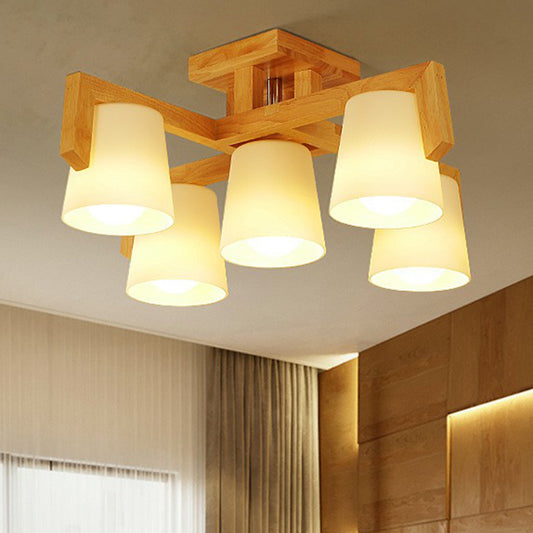 Ivory Glass Conical Ceiling Suspension Lamp Minimalist Wood Chandelier for Bedroom 5 Wood Clearhalo 'Carpenter Chandeliers' 'Ceiling Lights' 'Chandeliers' 'Industrial' 'Modern Chandeliers' 'Modern' Lighting' 2389907