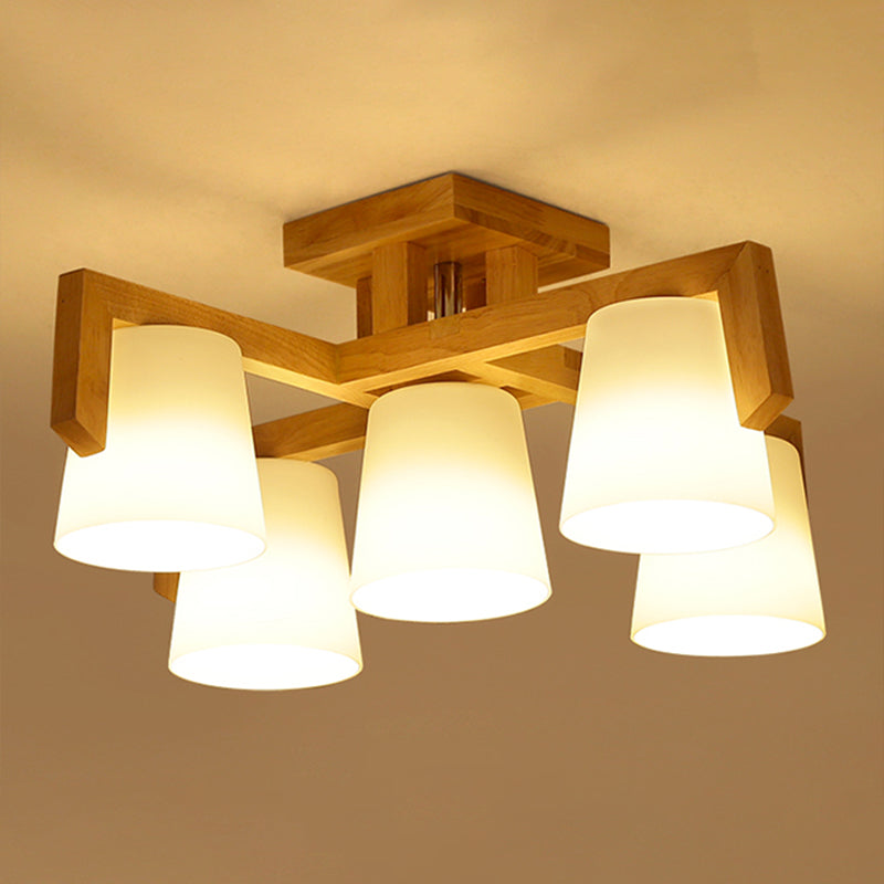 Ivory Glass Conical Ceiling Suspension Lamp Minimalist Wood Chandelier for Bedroom Clearhalo 'Carpenter Chandeliers' 'Ceiling Lights' 'Chandeliers' 'Industrial' 'Modern Chandeliers' 'Modern' Lighting' 2389909