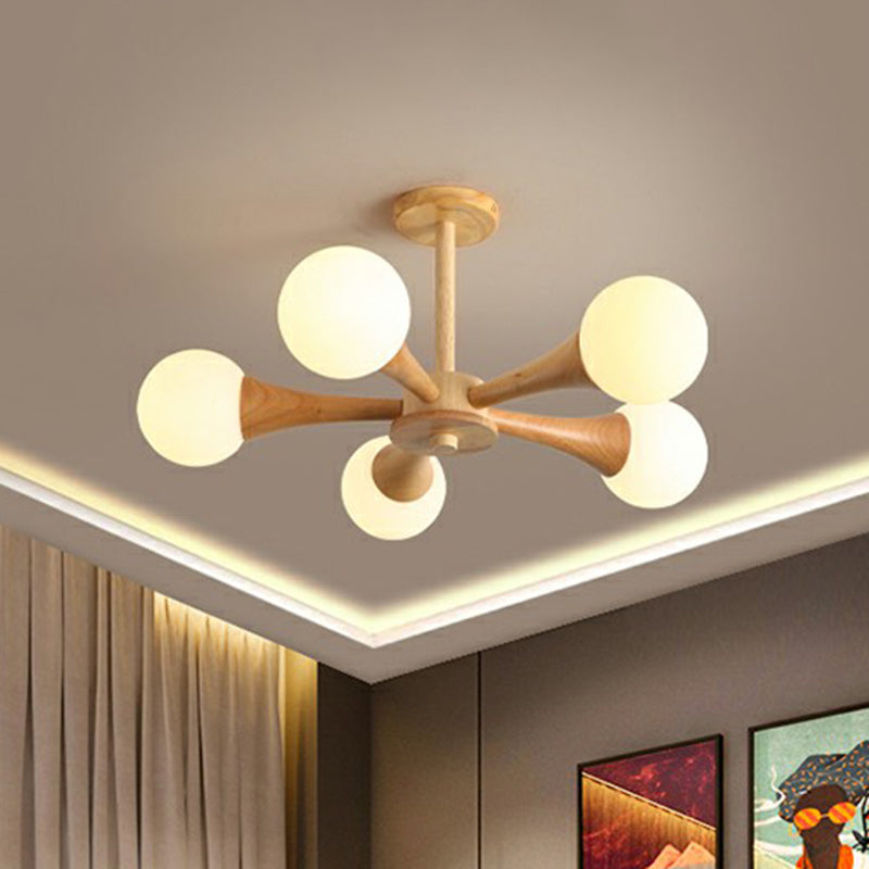 Burst Ball Chandelier Nordic Milky Glass Bedroom Suspension Light with Wooden Arm Clearhalo 'Carpenter Chandeliers' 'Ceiling Lights' 'Chandeliers' 'Industrial' 'Modern Chandeliers' 'Modern' Lighting' 2389910
