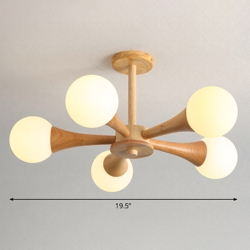 Burst Ball Chandelier Nordic Milky Glass Bedroom Suspension Light with Wooden Arm 5 Wood Clearhalo 'Carpenter Chandeliers' 'Ceiling Lights' 'Chandeliers' 'Industrial' 'Modern Chandeliers' 'Modern' Lighting' 2389911