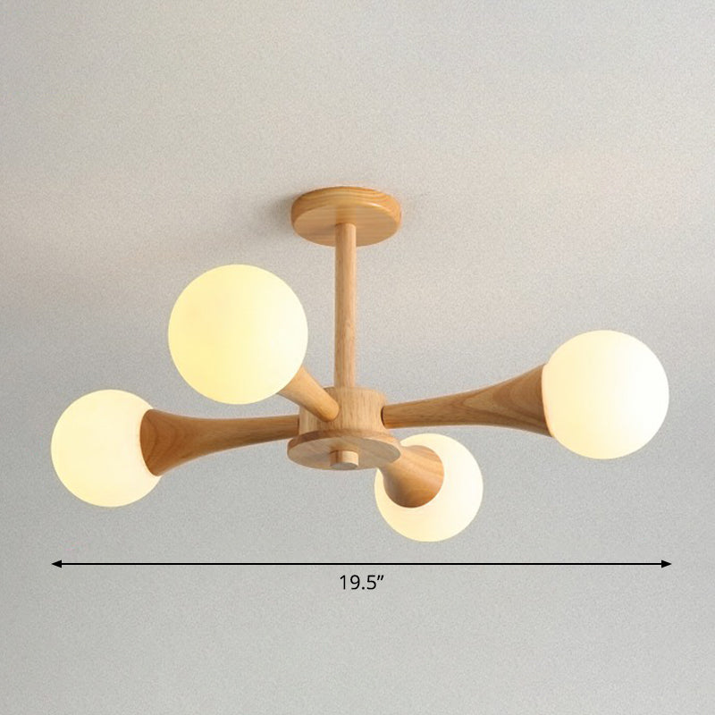 Burst Ball Chandelier Nordic Milky Glass Bedroom Suspension Light with Wooden Arm 4 Wood Clearhalo 'Carpenter Chandeliers' 'Ceiling Lights' 'Chandeliers' 'Industrial' 'Modern Chandeliers' 'Modern' Lighting' 2389912