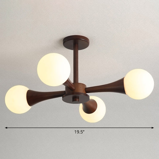 Burst Ball Chandelier Nordic Milky Glass Bedroom Suspension Light with Wooden Arm 4 Brown Clearhalo 'Carpenter Chandeliers' 'Ceiling Lights' 'Chandeliers' 'Industrial' 'Modern Chandeliers' 'Modern' Lighting' 2389916
