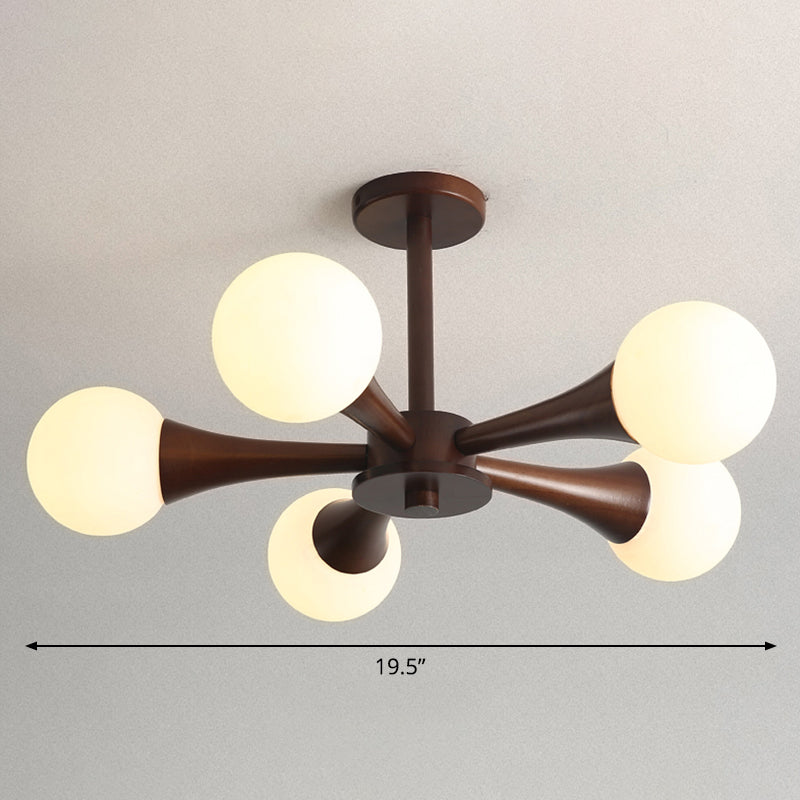 Burst Ball Chandelier Nordic Milky Glass Bedroom Suspension Light with Wooden Arm 5 Brown Clearhalo 'Carpenter Chandeliers' 'Ceiling Lights' 'Chandeliers' 'Industrial' 'Modern Chandeliers' 'Modern' Lighting' 2389917
