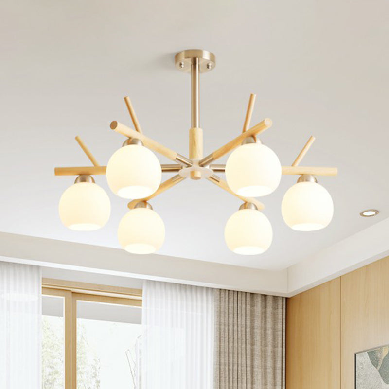 Dome Ceiling Chandelier Minimalist White Glass Living Room Hanging Light with Wood Twig Deco 6 Wood Clearhalo 'Carpenter Chandeliers' 'Ceiling Lights' 'Chandeliers' 'Industrial' 'Modern Chandeliers' 'Modern' Lighting' 2389918