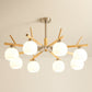 Dome Ceiling Chandelier Minimalist White Glass Living Room Hanging Light with Wood Twig Deco 8 Wood Clearhalo 'Carpenter Chandeliers' 'Ceiling Lights' 'Chandeliers' 'Industrial' 'Modern Chandeliers' 'Modern' Lighting' 2389919